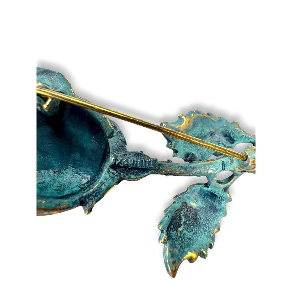 Exquisite Vintage Gold Tone Teal Enamel Rose Flower Brooch Vintage 1960s 70s - Picture 3 of 9